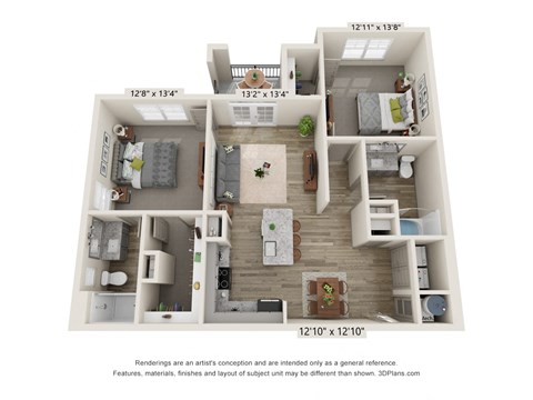 Floor plan for 2 beds, 2 baths, 1114 sqft